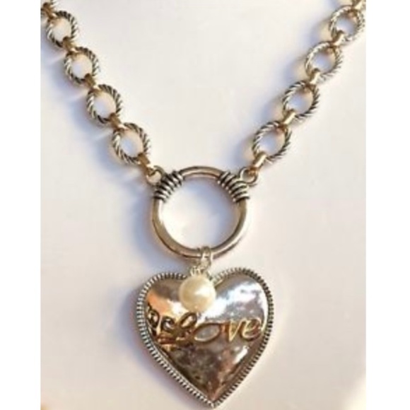 Silver Gold Heart Necklace Pearl Message 30" Chain Plus Size BIG Chunky Bold - Picture 1 of 8